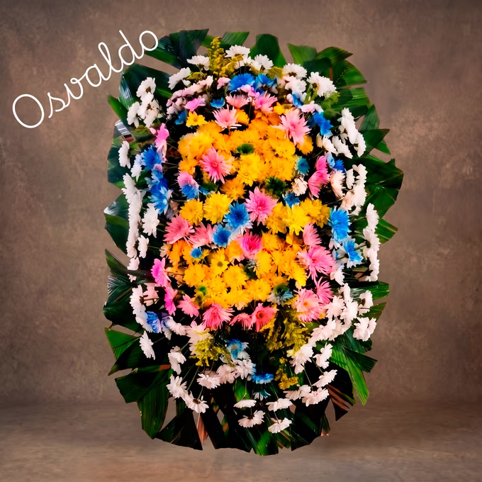 Coroa oval de crisântemos amarelos ao centro, com flores rosa, azuis e brancas ao redor, sobre leque de folhas verdes de palmeira.