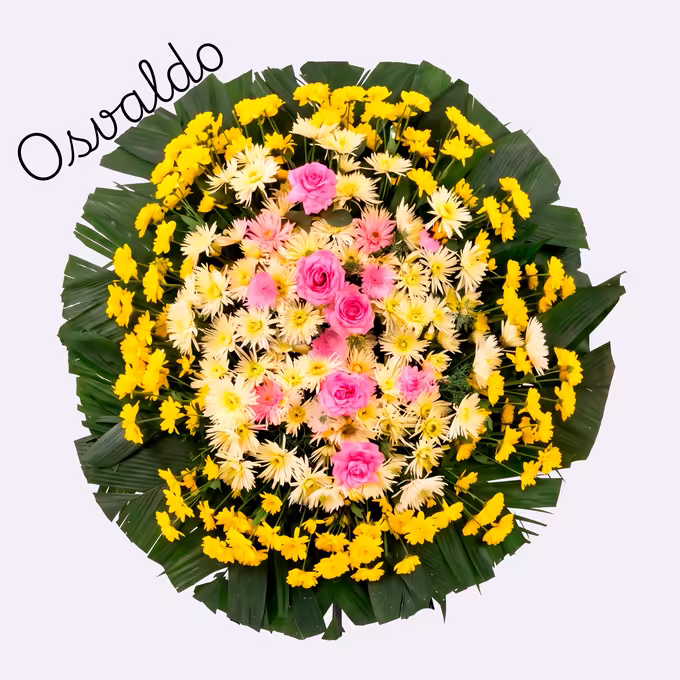 Coroa circular com miolo de flores creme e cor de rosa, anel de crisântemos amarelos em volta e borda de folhas verdes de palmeira.