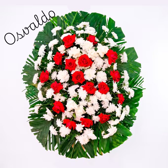 Coroa oval de rosas vermelhas e brancas entre crisântemos e cravos brancos, sobre leque de folhas verdes de palmeira.